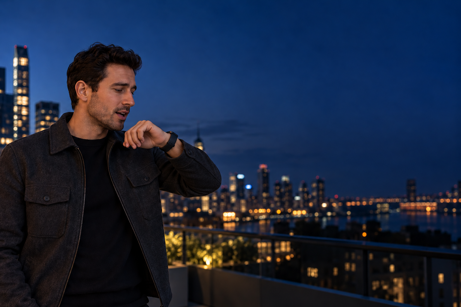 A man away from his laptop speaking into his Apple Watch outdoors at dusk